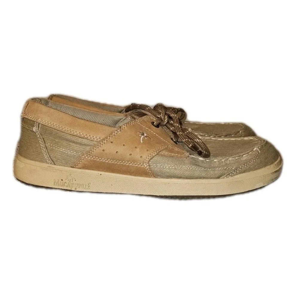 Margaritaville Antrillas‎ Mens 10 Beige Canvas Leather Oxford Boat Shoes MG1353